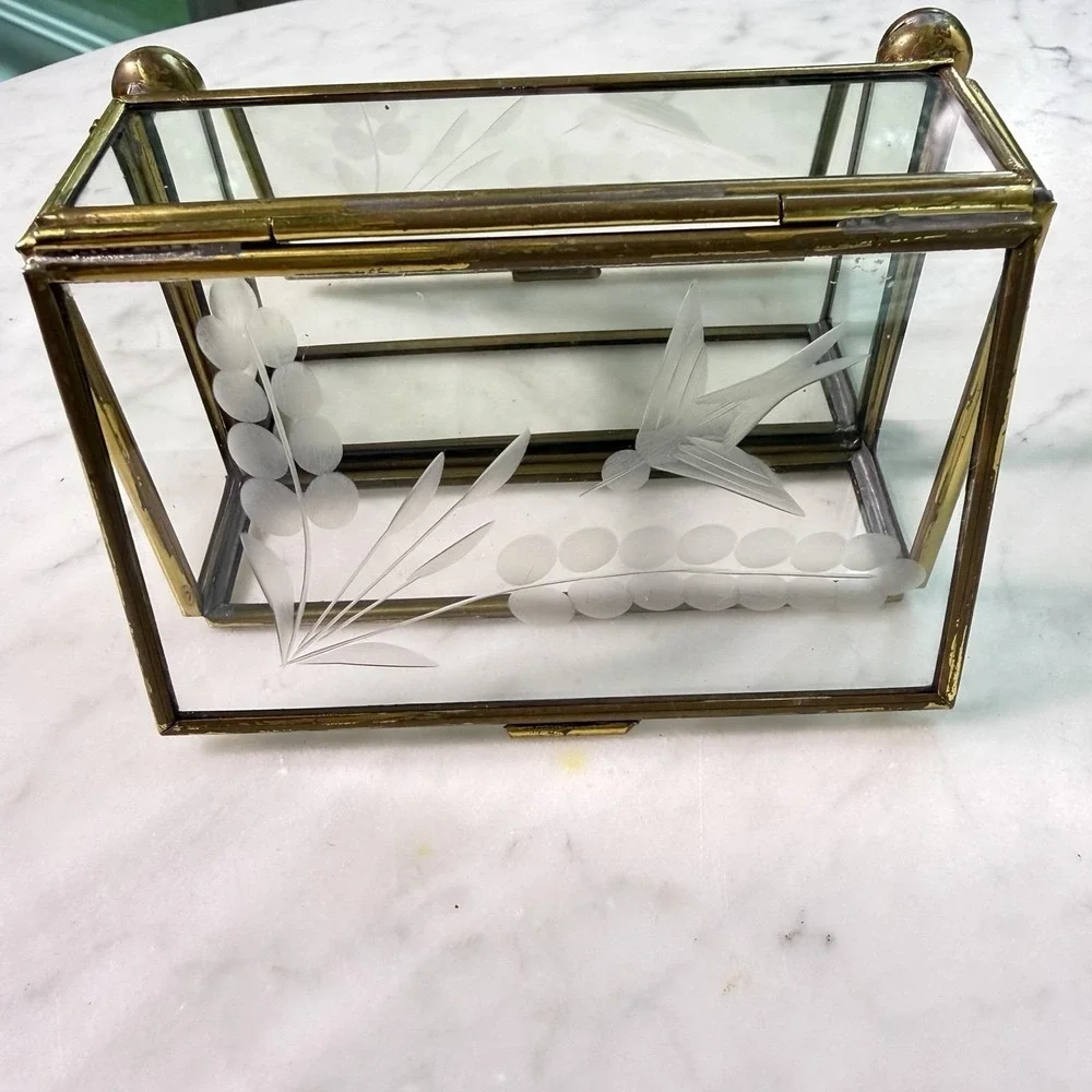 Vintage 80s Mexican Brass Etched Glass Swallow Trinket Box‎ Bird Vanity Mirror